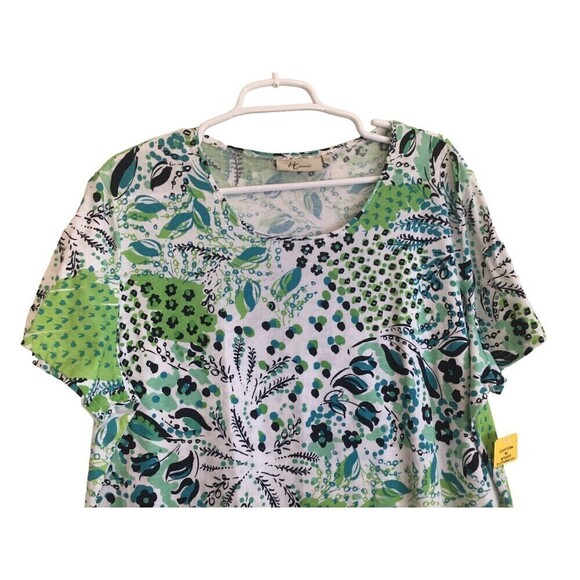 Hot Cotton Size XXL Top Green Short Sleeve Plant Geometric Print Lagenlook - Picture 2 of 5